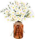 Artificial Daisy Flowers in Amber Glass Vase with Faux Water,9Pcs White Artificial Silk Flowers with Stems for Centerpiece (Daisy)