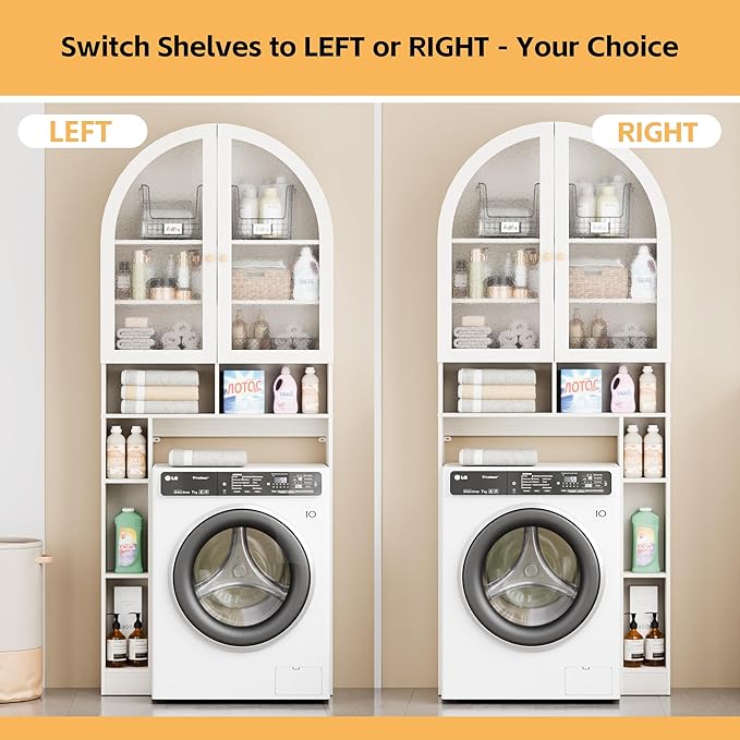 Over The Toilet Storage Cabinet, 29.7”W Modern Storage Cabinet Over Toilet with Acrylic Doors, Arched Freestanding Over Toilet Rack with Adjustable Shelf for Bathroom, Antique White