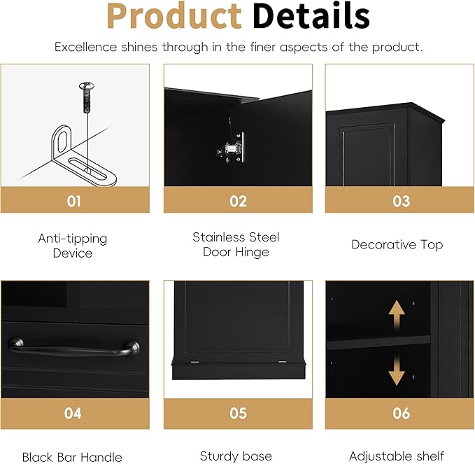 Tall Storage Cabinet with Adjustable Shelves & Flip-Out Basket, MDF Material with Aluminum Alloy Handles, Large Capacity for Bathroom, Kitchen, Living Room, Office Organizer, Black