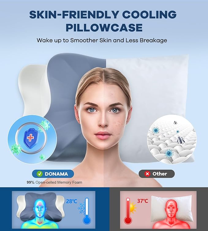 DONAMA Cervical Pillow for Neck and Shoulder,Contour Memory Foam Pillow,Ergonomic Neck Support Pillow for Side Back Stomach Sleepers with Pillowcase-King Size