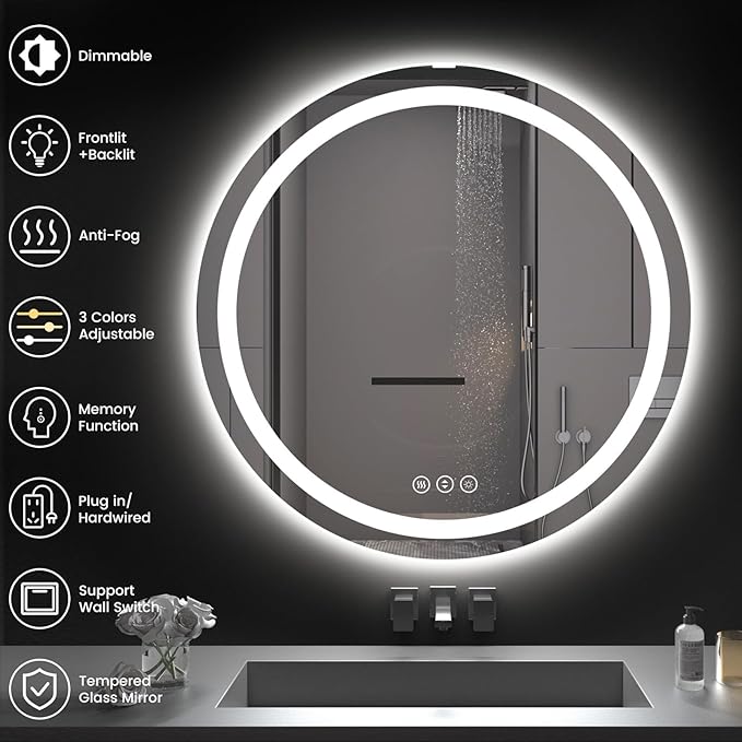 42" x 42" LED Bathroom Mirror with Lights, Backlit & Front Lighted, Wall-Mounted Vanity Mirror 3000K/4000K/6000K, Memory Functions, Anti-Fog, Dimmable Smart Mirror