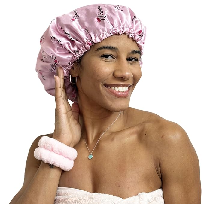Satin Shower Cap for Women, Reusable and Waterproof Shower Cap for Long Hair, Luxury Print and Double Layer (Pink, Large)