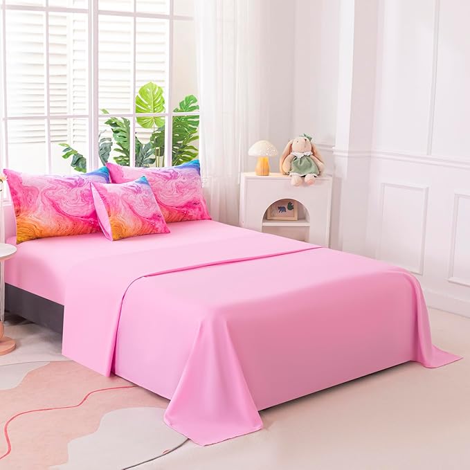 6Pcs Tie Dye Twin Comforter Set for Girls Kids, Watercolor Marble Abstract Art Pink Bedding Sets Twin Bed in A Bag (1 Comforter, 1 Flat Sheet, 1 Fitted Sheet, 1 Cushion Cover, 2 Pillowcases)