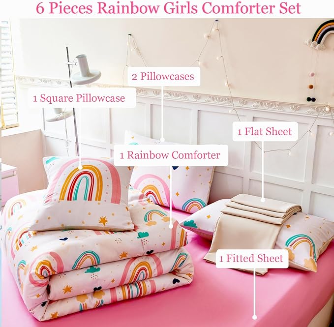 ANGIYUIN 6 Pieces Multi-Color Rainbow Full Bedding Set for Girls Kids Cute Cloud and Love Hearts Girls Comforter Set Soft Microfiber Kid Bed in a Bag with Comforter, Sheets, Pillowcases