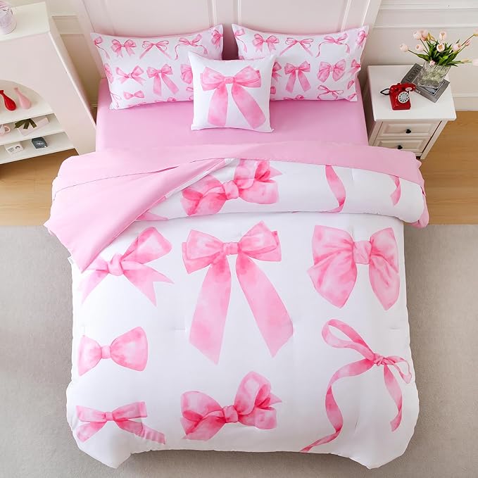 Twin Size Comforter Sets Pink Bed in a Bag for Girls, Bow Comforter Set,6 Pieces Bow Bedding Sets with Sheets for Kids
