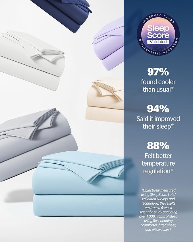 REST® Evercool®+ Cooling Sheet Set, Cali King Size, Light Blue, Breathable Bed Sheets for Hot Sleeper and Night Sweats, with Pillowcases, with Ionic+ Self-Cleaning Silver Yarn for Sensitive Skin, 4PCS
