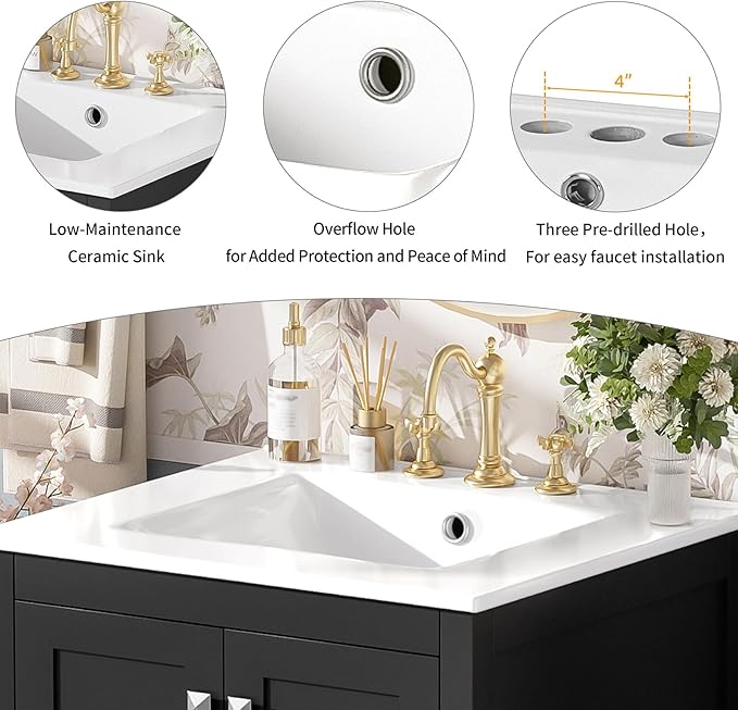 24" Bathroom Vanity with Sink Combo Set, Solid Wood Frame Bathroom Storage Cabinet with 2 Drawers and 1 Drawer, Double-layer Door Shelf, Soft Closing Cabinet Door with Organizer, Black