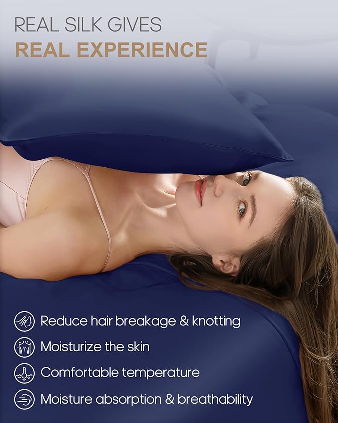 THXSILK Mulberry Silk Pillow Case with Zipper, 100% Mulberry Silk Pillowcase for Hair and Skin, 22 Momme Hypoallergenic Pillow Cover with Hidden Zipper, 1pc(Navy Blue, Standard 20"x26")