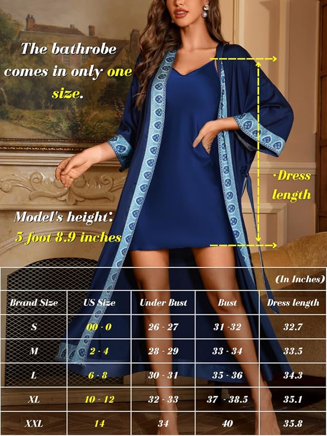 Satin Robe Sets For Women, 2-PC Lightweight Bathrobe, Silk Sleepwear Kimono Bridesmaid Sexy Robes