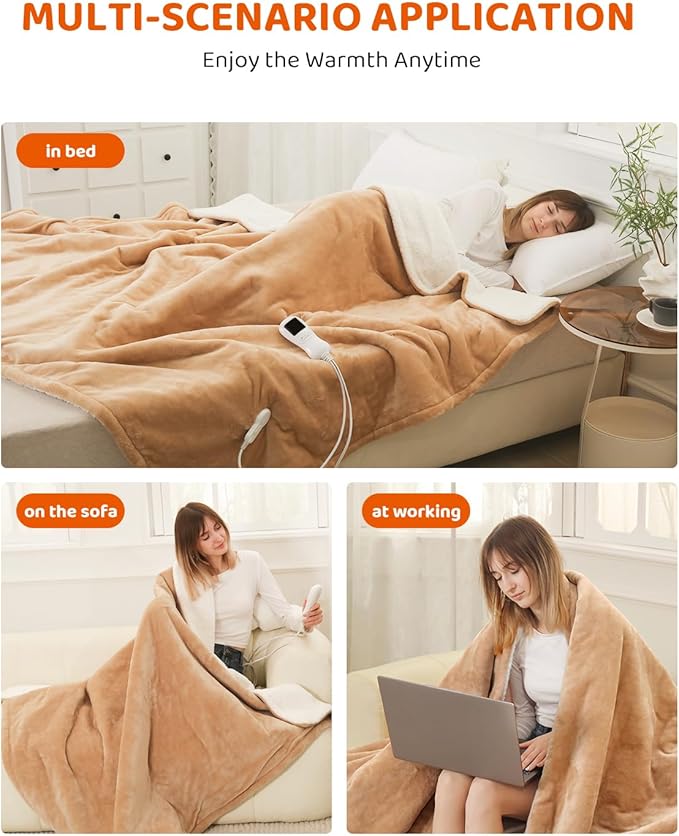 Electric Heated Blanket Full Size, Super Soft Cozy Upgraded Flannel Heating Blanket with 9 Heating Levels & 1-9 Hours Auto Off, Fast Heat & Overheat Protection, 72" x 84", Khaki