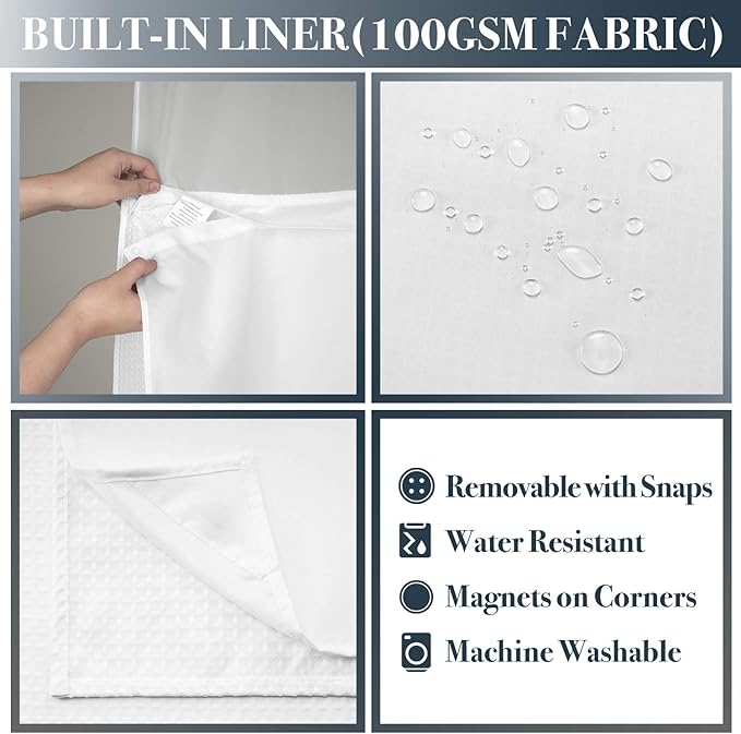N&Y HOME Long Waffle Weave Shower Curtain 75 Inch Length with Snap-in Fabric Liner & Metal Hooks Set - Hotel Style, Waterproof & Washable, Heavyweight Fabric & Mesh Top Window - 71x75, White