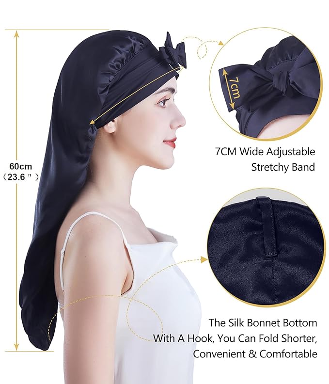 Cocheng Mulberry Silk Bonnet for Sleeping Long Silk Bonnet for Curly Hair Braids Cap for Women Silk Cap with Tie Band