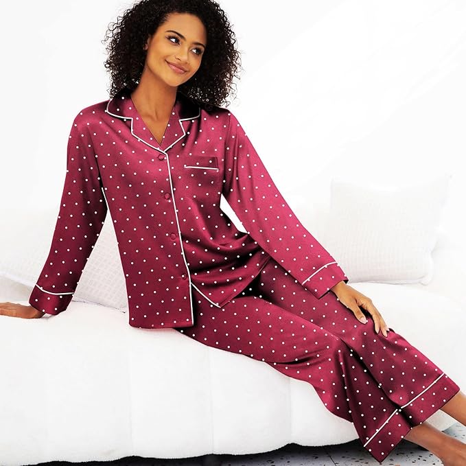 Lonxu Silk Satin Womens Pajama Sets Button Down Sleepwear Loungewear XS~3XL