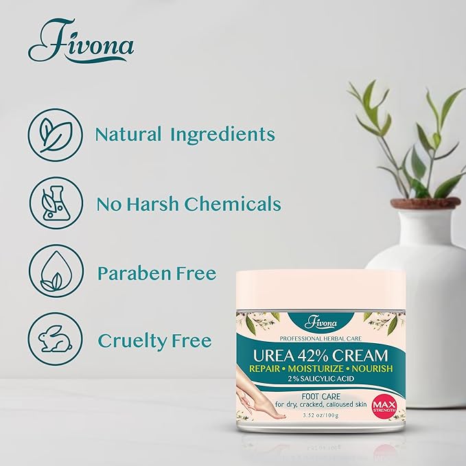 FIVONA 42% Urea Cream with 2% Salicylic Acid, Foot Cream for Feet Maximum Strength with Tea Tree and Aloe Vera Extracts Foot Lotion for Dry Cracked Heels, Callus Remover, Moisturizer Repair Cream
