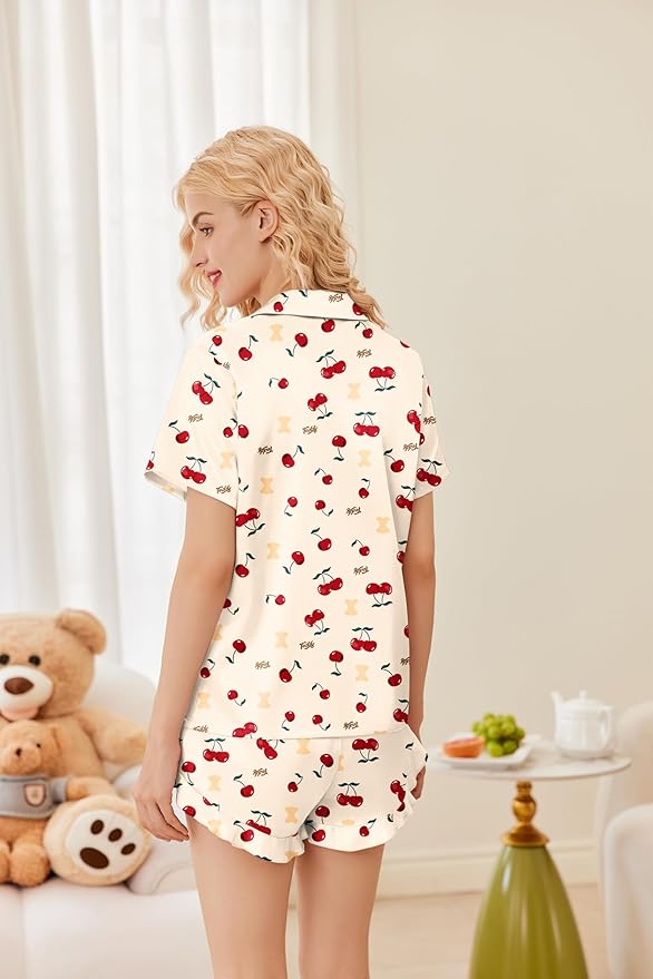 Ekouaer Womens Satin Pajamas Set Button Down 2 Piece Silk Pjs Shorts Set Ruffle Lingerie Notch Collar Sleepwear