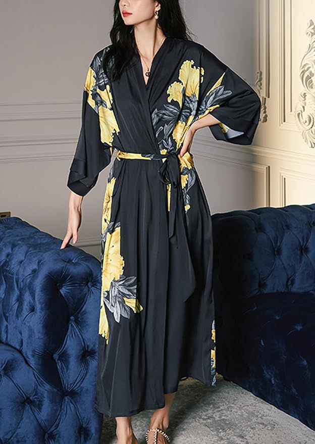 Silk Satin Robe for Women Long Japanese Kimono Robe Lightweight Soft Bathrobe Floral Luxury Dressing Gown