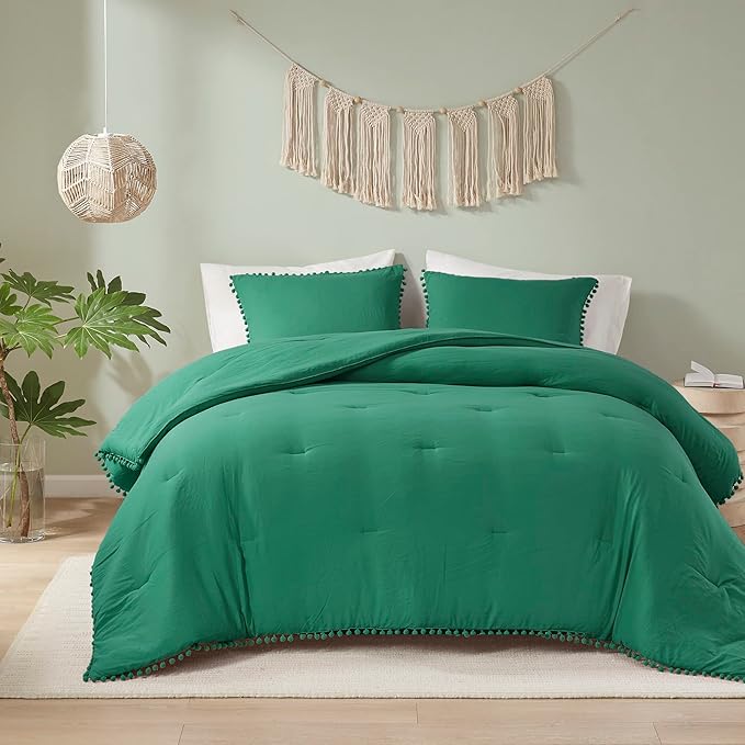 Codi Emerald Green Full/Queen Comforter Set - Boho Aesthetic Bedding with Luxurious Pom Fringe, Soft Washed Microfiber 3pc Set, Couple-Friendly Lightweight Design, 1 Comforter & 2 Pillow Shams