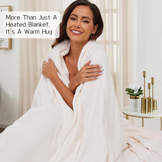 Electric Heated Blanket 72"x84" Full Size, Soft Coral Fleece with 4 Heating Levels and 10 Hours Auto-Off, Machine Washable, Cozy Plush Fabric for Home, White
