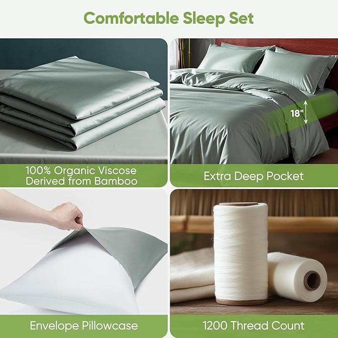 TWK Luxury Sheet Set, Genuine 100% Viscose Derived from Bamboo, Cooling & Breathable, Silky Soft, Bedding Sheets & Pillowcases (Sea Glass, King)