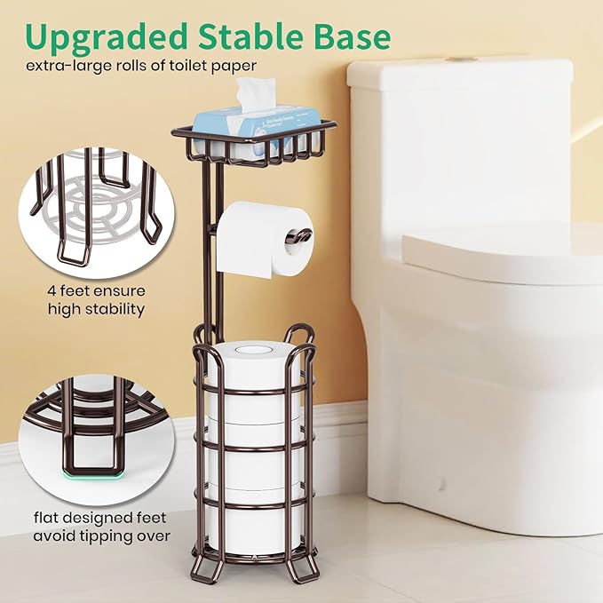 TomCare Toilet Paper Holder Upgraded Toilet Paper Stand with 4 Raised Feet Metal Free Standing Tissue Paper Roll Dispenser with Storage Shelf Sturdy Bathroom Accessories (Bronze)