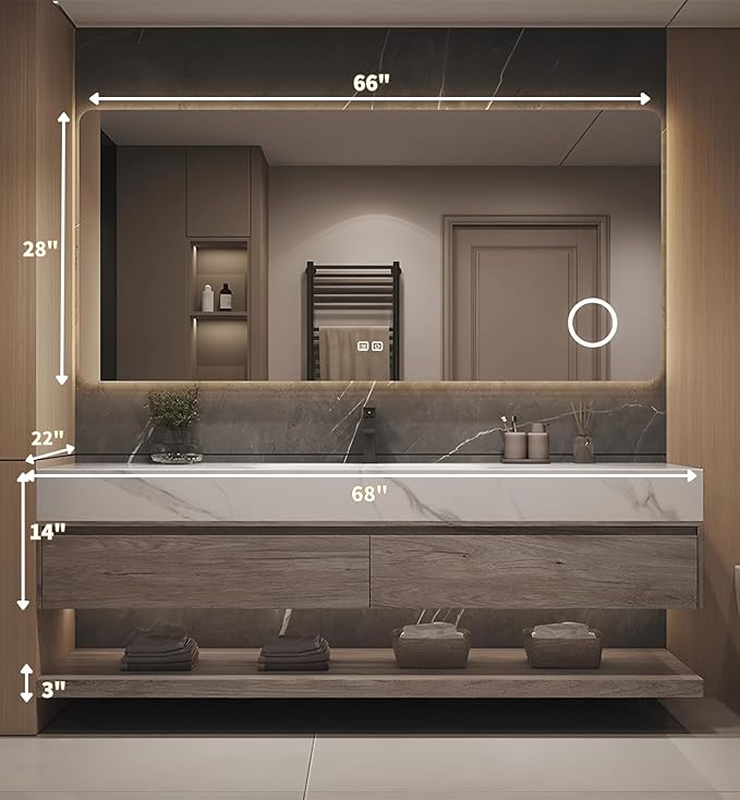 Floating Bathroom Sink Vanity 68Inch, Solid Wood Bathroom Vanities Set Includes Smart Rectangular Mirror, Slate Countertop and Integrated Sink, Modern Bathroom Cabinet with Drawers and Open Storage