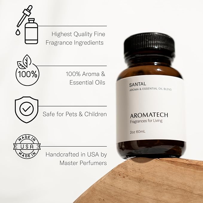 AromaTech Santal Aroma Essential Oil Blend: Luxury Hotel Inspired Aromatherapy with Amber, Vanilla, Cedar & Sandalwood for Ultrasonic Diffusers & Nebulizers - 0.3 fl oz, 10 mL