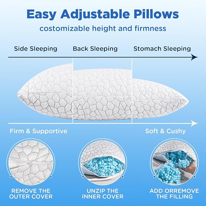SUPA MODERN Cooling Bed Pillows for Sleeping 2 Pack Shredded Memory Foam Pillows Adjustable Pillow for Side Back Stomach Sleepers Luxury Gel Pillows Queen Size Set of 2 with Washable Removable Cover