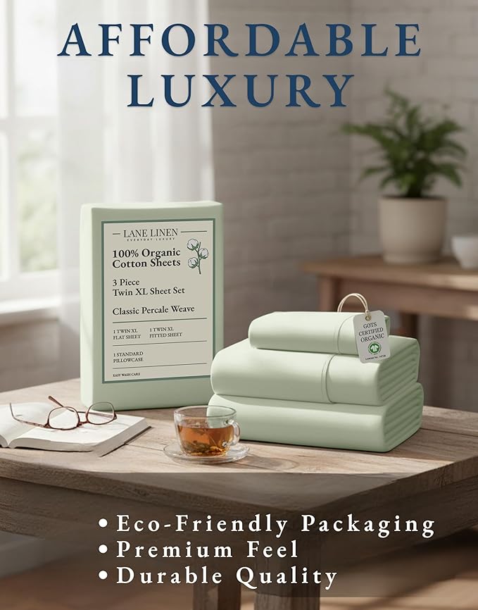 LANE LINEN 100% Mercerized Organic Cotton Twin XL Sheets Set, Soft & Comfy Percale Weave - Perfect for Hospital beds or Dorm Room, Luxury Hotel Like Sheets Twin XL Size Sheet Set - Mineral