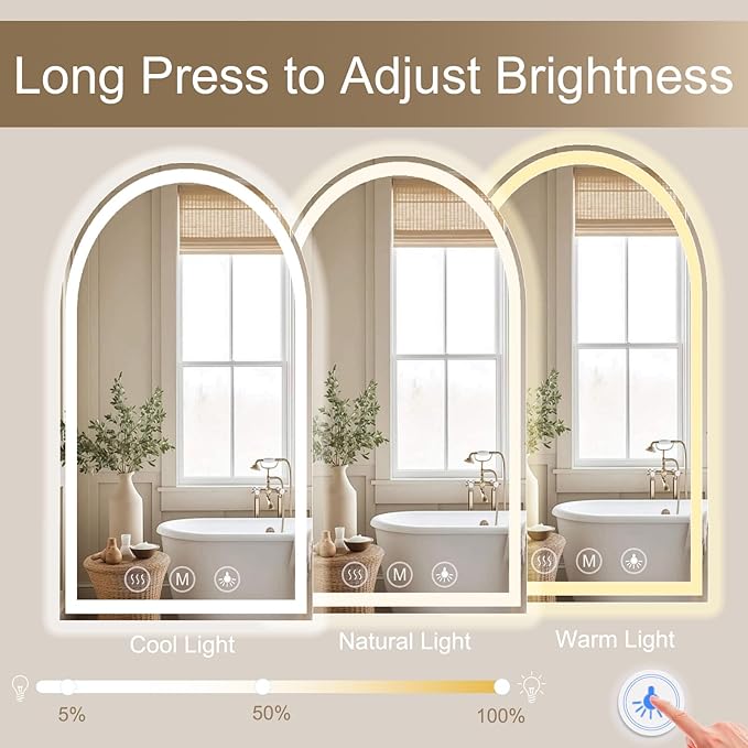 LED Bathroom Mirrors with Lights 24"x48" Arched Mirror for Wall,Led Vanity Mirror, Anti-Fog,LED Mirrors with Front Light and Backlit, Anti-Fog, Dimmable, 3 Color, Shatterproof, Touch Sensor