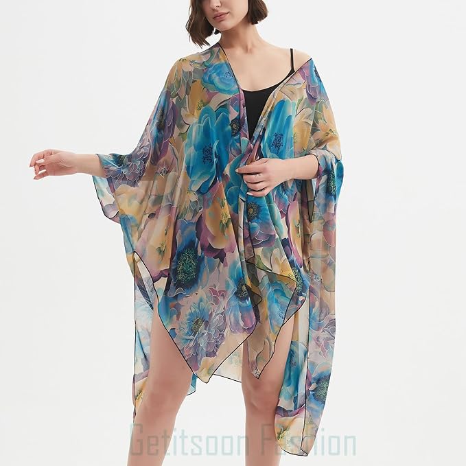 Women's Bohemian Floral Chiffon Beach Cover up Swimsuit Kimono Summer Swimwear Cardigans