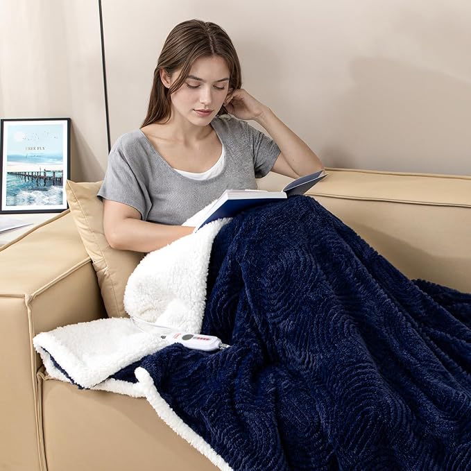 Heated Blanket Twin Size- 62"x84" Cozy Soft Jacquard Heating Blanket with 4 Heat Levels & 4 Hours Auto-Off, Jacquard Fleece, Overheating Protection, Warm Gifts, Navy