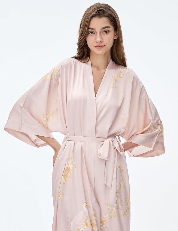 PRODESIGN Kimono Robe for Women - Long Satin Sleepwear Silky Kimono Cover-Up Nightgown Japanese Bathrobe Loungewear Blouse