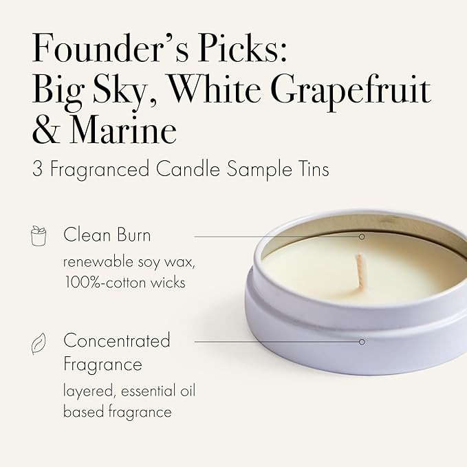 Discovery Trio Founder’s Picks: Big Sky, White Grapefruit & Marine - 3 Fragranced Candle Sample Tins - 4-Hour Burn Time Each - Made in The USA