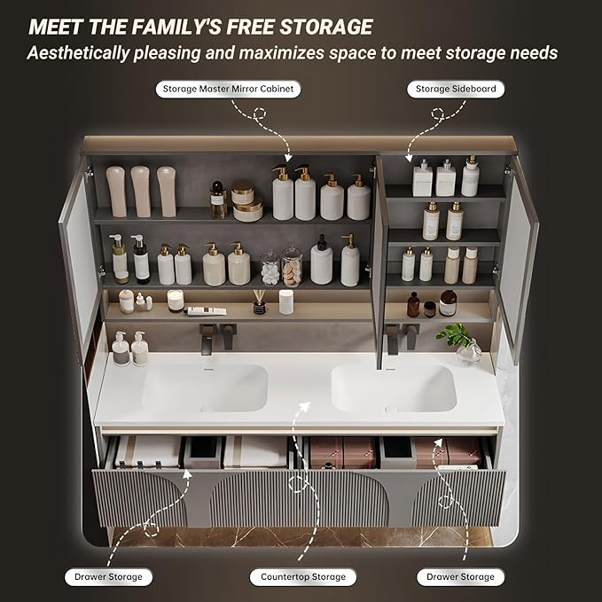 Double Bathroom Vanity with Sink, 72IN Floating Bathroom Vanity Set with LED Smart Defogging Mirror Cabinet and Open Shelf, Oak Wood Bathroom Cabinet with Two Drawers and Bottom Open Storage (Grey)