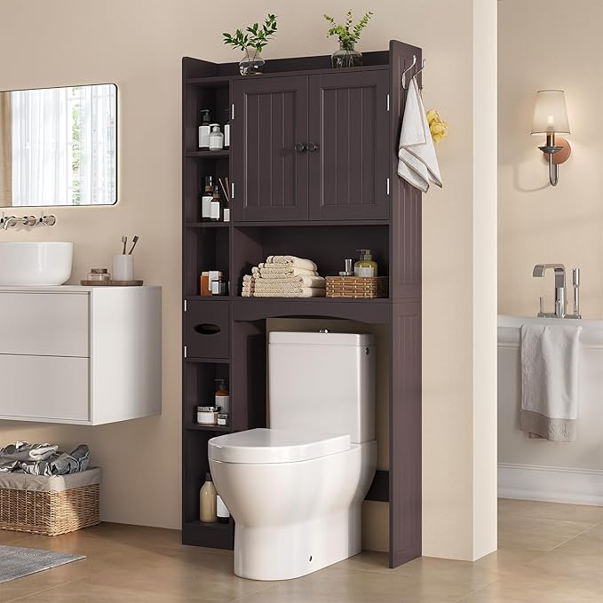 Gizoon Over The Toilet Storage Cabinet, Over Toilet Bathroom Organizer with Adjustable Shelves and 2 Doors, Over Toilet Storage Cabinet with Paper Holder, 2 Side Hooks, Space-Saver, Dark Brown