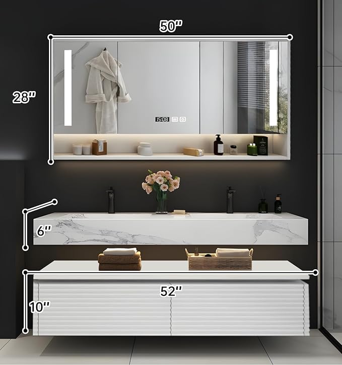 52IN Bathroom Vanity with Double Sink, Modern Bathroom Vanity with LED Smart Defogging Mirror Cabinet and Open Shelf, Floating Bathroom Cabinet with Striped Double Drawers, Oak Material (White)