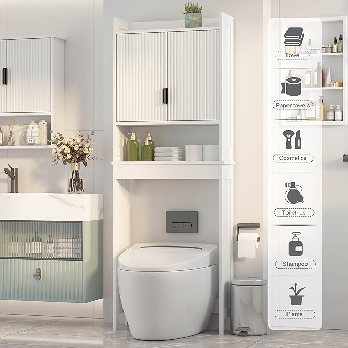 Bathroom Over The Toilet Storage Cabinet,Farmhouse Over The Toilet Storage with 2 Wave-Pattern Doors and Open Storage Shelf,Space Saver Behind Toilet Bathroom Organizer for Restroom/Laundry