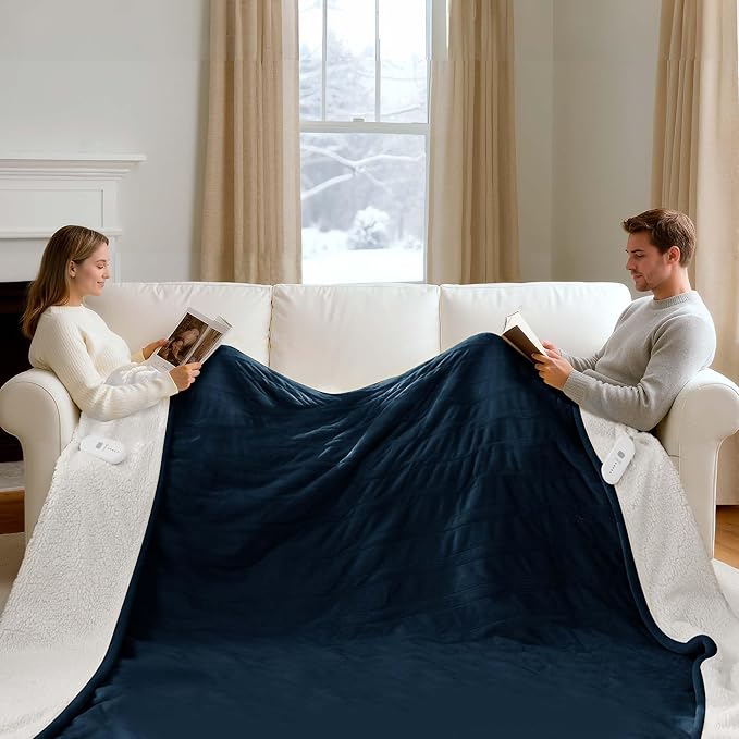 Heated Blanket King Size - Dual Control King Electric Blanket with 5 Heat Settings, 10 Hrs Auto Off for Bed, ETL Certified, Washable Flannel Sherpa Heating Blankets 100" x 90", Navy