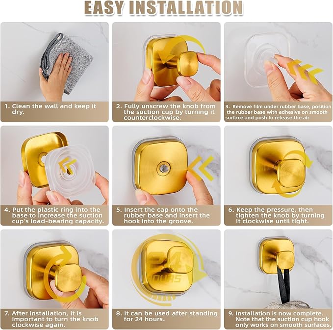 Suction Cup Hooks for Shower - Resuable Bathroom Hooks for Towels, Robes & Loofah - No-Drill Mounting on Kitchen,Walls,Metal,Glass,Mirrors,Tile & Smooth Non-Porous Surfaces (2, Brushed Gold)