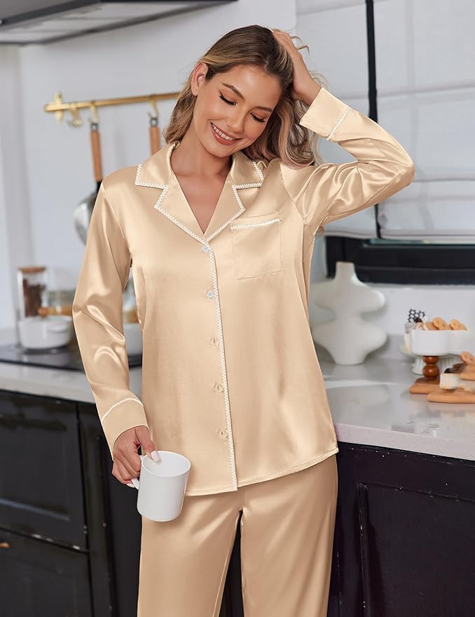 Ekouaer Satin Pajama Set for Women Silky Sleepwear Long Sleeve Top and Pants Button Down Pjs Lounge Set