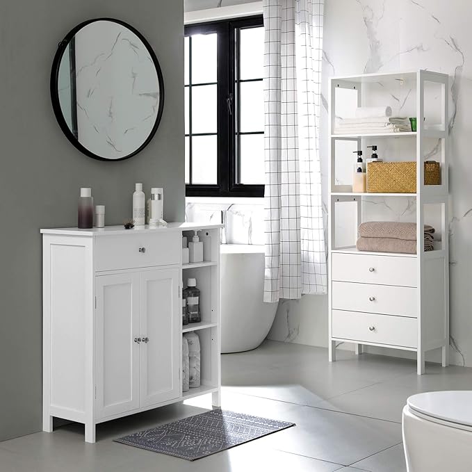 VASAGLE Floor Storage Cabinet with Drawer, Freestanding Cabinet with Doors, 3 Open Compartments, Adjustable Shelves, 11.8 x 29.5 x 31.5 Inches, for Bathroom, Living Room, Cloud White UBBC142W01