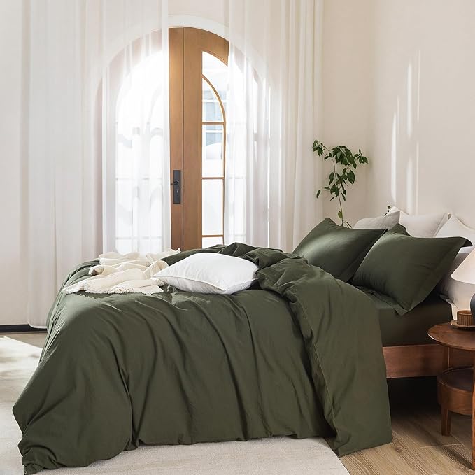 Linen Feel Duvet Cover Full Size 90inch x 80inch,100% Washed Cotton Duvet Cover with Zipper Closure and 2 Pillowcases, Color of Olive Green