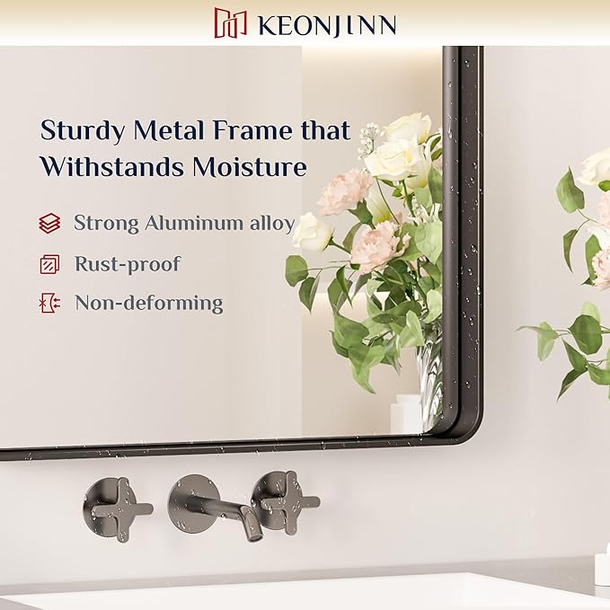 Keonjinn Black Bathroom Mirror for Over Sink, 42 x 36 Inch Large Rounded Rectangle Bathroom Vanity Mirror, Matte Black Farmhouse Wall Mirror, HD Tempered Glass, Seamless Aluminum Alloy Frame Mirror