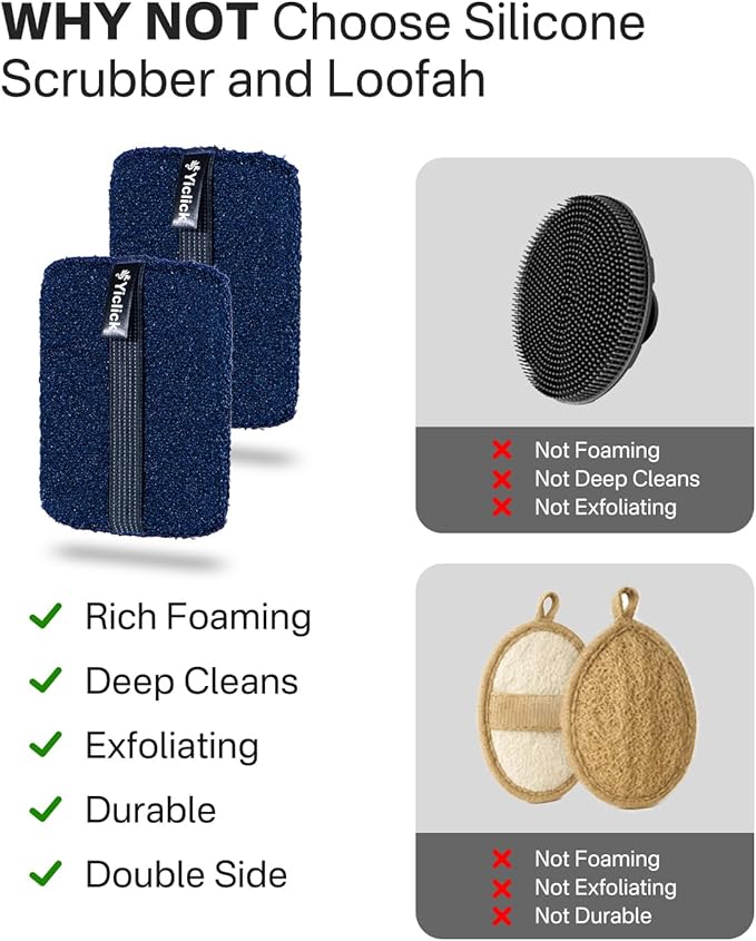 Yiclick Exfoliating Body Scrubber Exfoliator 2 Pack - Exfoliating Sponge, Shower Bath Sponge Loofah with Handle, Body Scrub Lufas Washcloth Net Brush, Dead Skin Remover for Body(Rectangle)