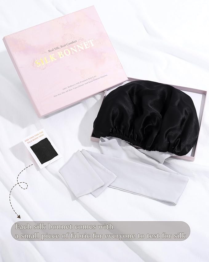 100% Mulberry Silk Bonnet for Sleeping Women Double Layer Silk Hair Bonnet Natural Silk Sleep Cap with Elastic Reversible Hair Wrap (Black+Silver Gray)