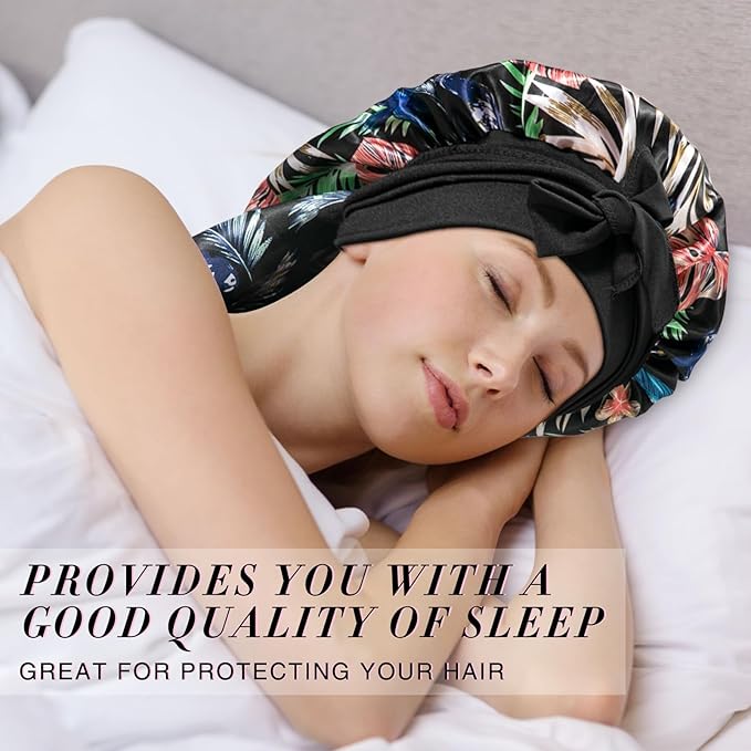 3Pcs Bonnets for Black Women Braid Bonnet, Large Long Satin Bonnet for Braids, Black Women Satin Silk Bonnet with Stretchy Tie Band Sleep Bonnet Cap for Long Curly Hair (Black & Black Pattern & Pink)
