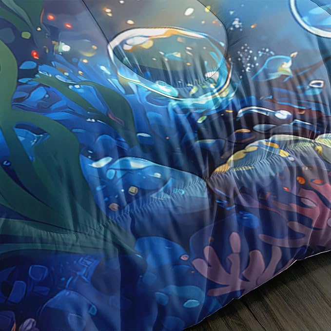 Black Little Mermaid Pattern Full Comforter Set,Underwater World Ocean Themed Bedding Sets for Kids Toddlers Girls Boys Room Decor,Princess Bedding with 2 Pillowcases.