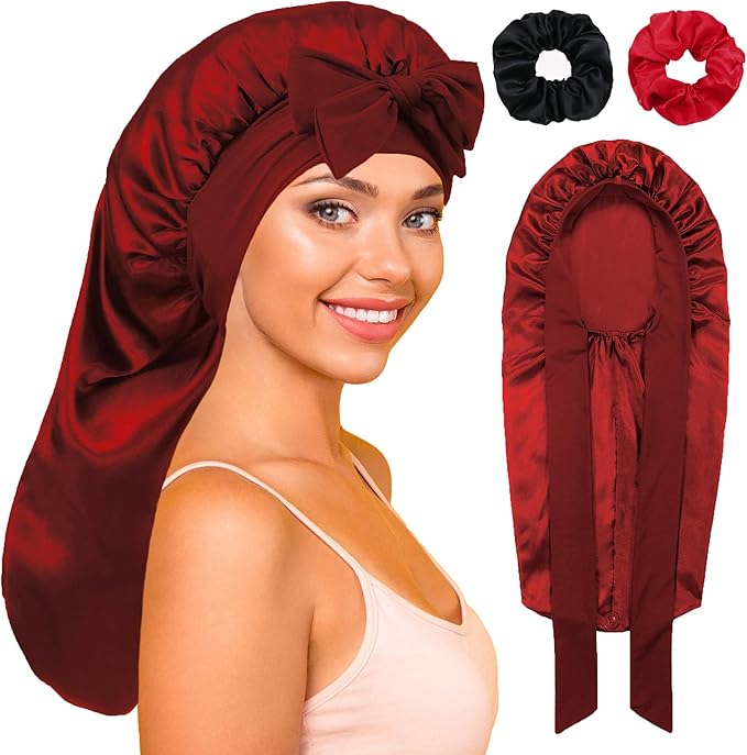 Long Satin Bonnet with Tie Band for Sleeping Women - Silk Sleep Bonnet for Curly Hair and Braids