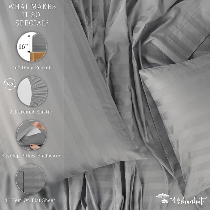 URBANHUT 1000 Thread Count Egyptian Cotton Sheets Damask Striped King Size, Long Staple Soft & Breathable, 4 Pc Bed Sheet Sets, Luxury Hotel Sateen Sheets Fits 16" Deep Pocket - Dark Grey