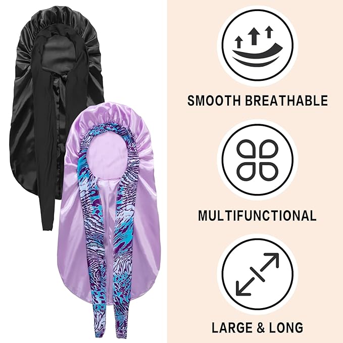 2Pcs Bonnets for Black Women Braid Bonnet, Large Long Satin Silk Bonnet for Braids,Black Women Braid Bonnet with Stretchy Tie Band for Sleeping Extra Long (Black&Light Purple Pattern